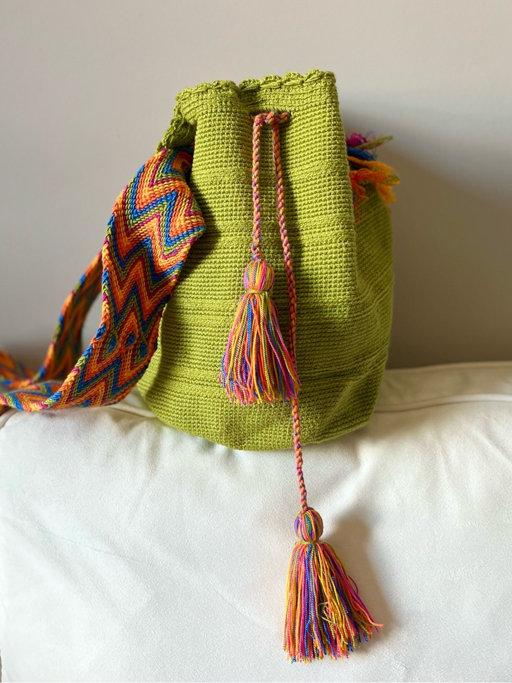 Authentic Handmade Colombian Wayuu Mochila Bag Olive Green Crossbody NEW